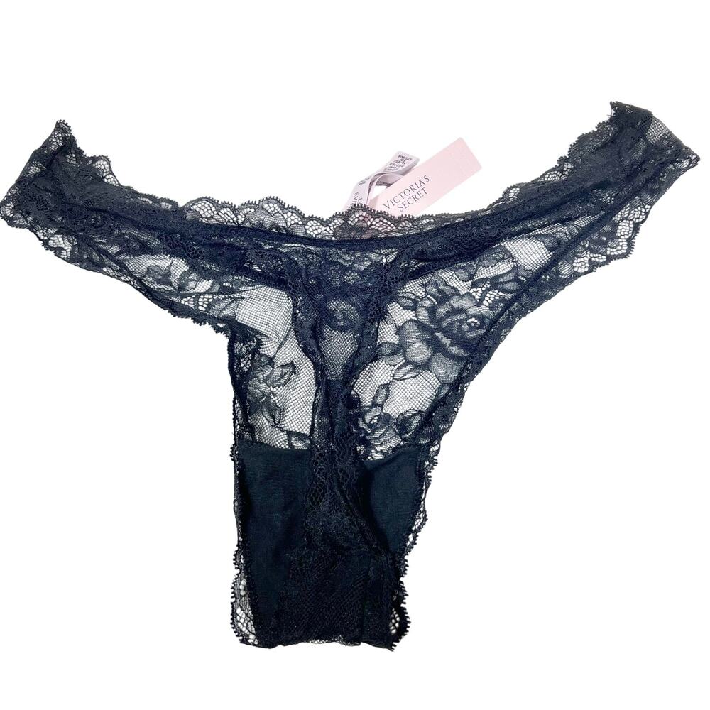 Victoria's Secret Floral Lace V-String Thong The Lacie Collection XL Black New